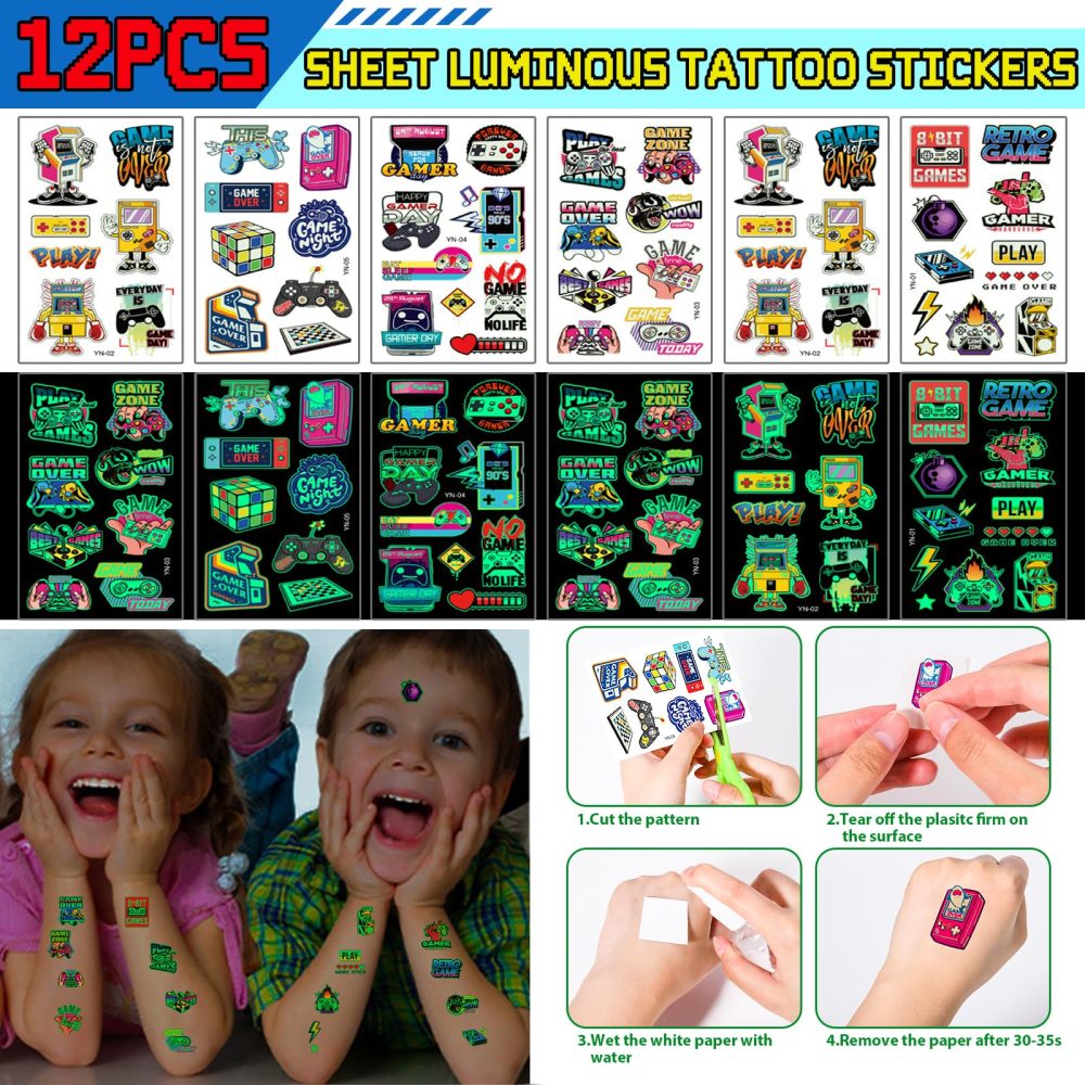 Gaming Party Bag Fillers Video Game Party Favours Black Party Bags Keychain Luminous Tattoo Sticker Silicone Bracelet Stamps Gamer Birthday Party Supplies Pinata Goodie Bag Fillers for Kids Boys - Image 3