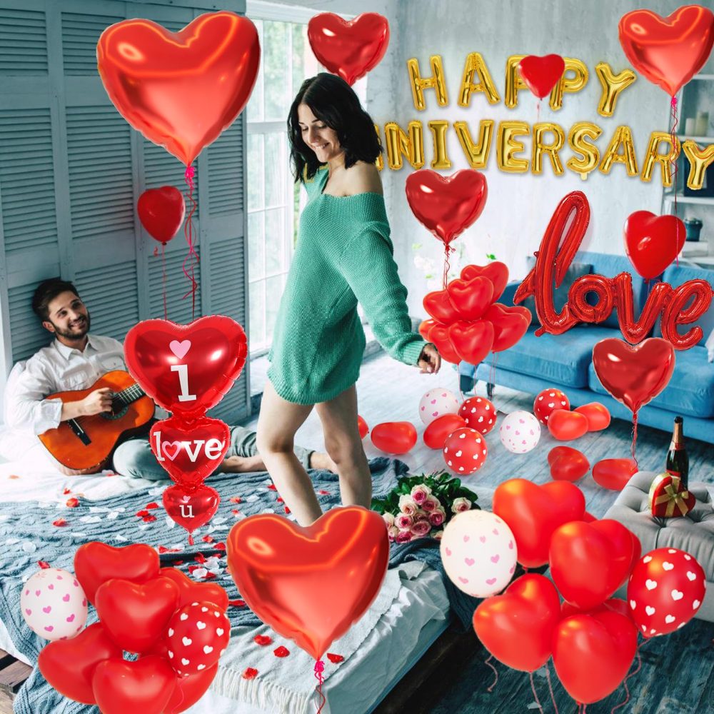 Anniversary Decorations Valentines Day Balloons Arch with Happy Anniversary Banner Heart I Love You Balloons Red Felt Heart Hanging String Rose Petals for Valentines Romantic Decorations - Image 5