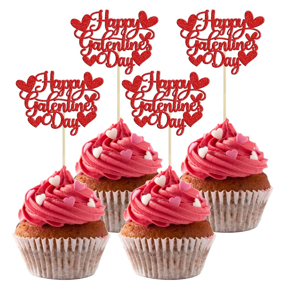 Gyufise 24Pcs Happy Galentines Day Cupcake Toppers Decorations Red Glitter Happy Valentines Day Cupcake Toppers for Valentine's Day Friends Galentines Valentines Day Party Decorations