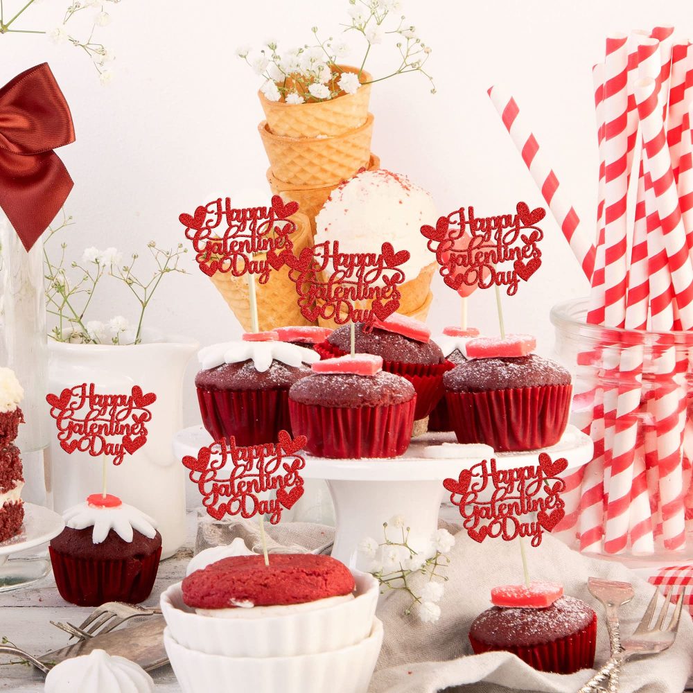 Gyufise 24Pcs Happy Galentines Day Cupcake Toppers Decorations Red Glitter Happy Valentines Day Cupcake Toppers for Valentine's Day Friends Galentines Valentines Day Party Decorations - Image 5