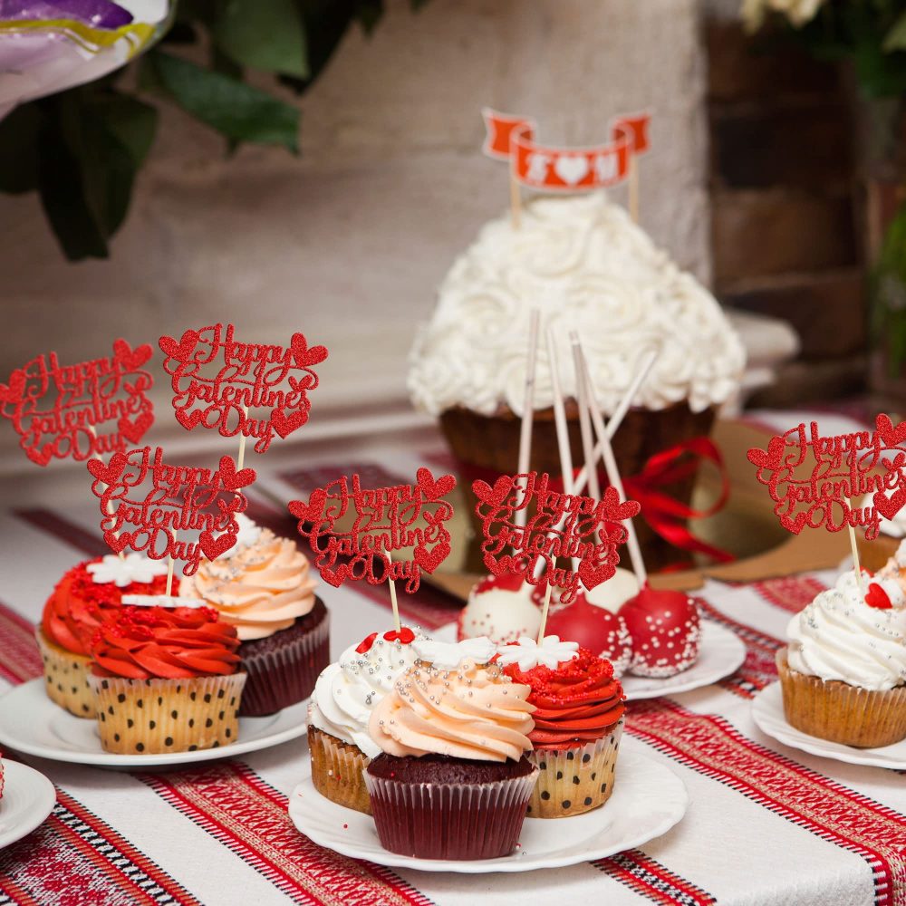 Gyufise 24Pcs Happy Galentines Day Cupcake Toppers Decorations Red Glitter Happy Valentines Day Cupcake Toppers for Valentine's Day Friends Galentines Valentines Day Party Decorations - Image 4