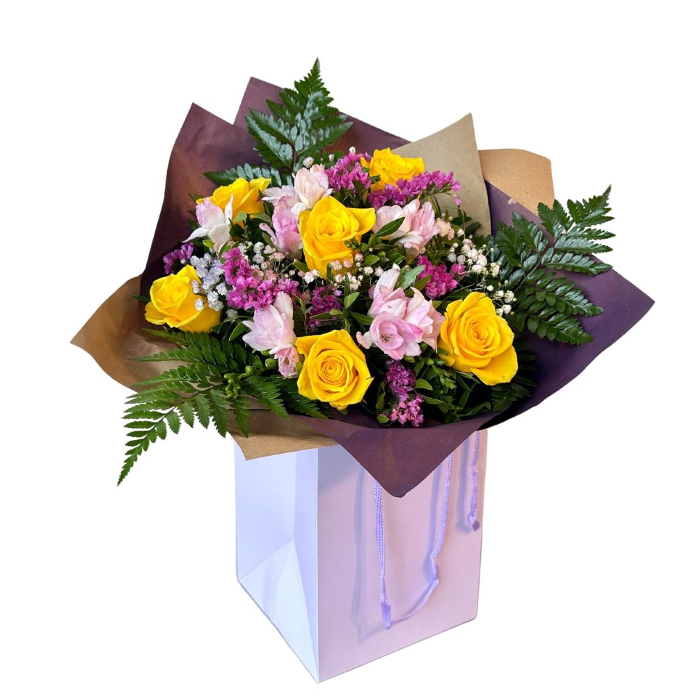 Astonishing Fresh Cut Flowers Bouquet Yellow Roses Pink Alstroemeria Elegant Mixed Blooms Delivered Tomorrow Thoughtful floral Birthday, Anniversary, Mother's Day Arrangement gift, Seasonal Delivery