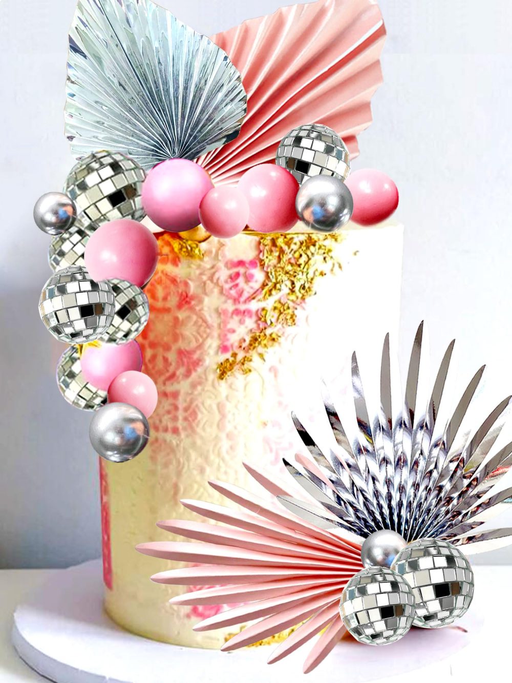 JeVenis Pink Sliver Disco Balls Cake Decoration Silver Palm Leaves Cake Decoration Stars Cake Decoration 70s Party Supplies 70s Birthday Cake Decoration Disco Bachelorette Party Supplies - Image 5
