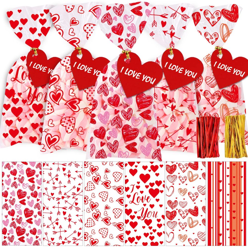 DIYDEC 120pcs Valentines Cellophane Bags, Valentine Red Heart Treat Sweet Candy Cookies Bags with 140 Pieces Twist Ties for Valentine Party Supplies