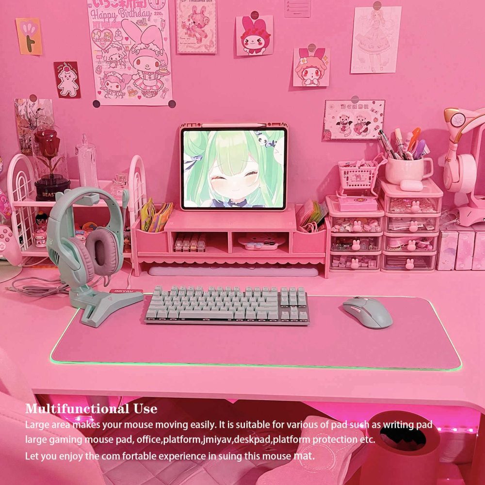 JMIYAV Pink RGB Gaming Mouse Pad PC XL Large Extended Glowing Led Light Up Desk Pad Mouse Mat Non-Slip Rubber Base Computer Big Cute Mousepad Mat Optimized for Gamer 80 * 30cm - Image 2