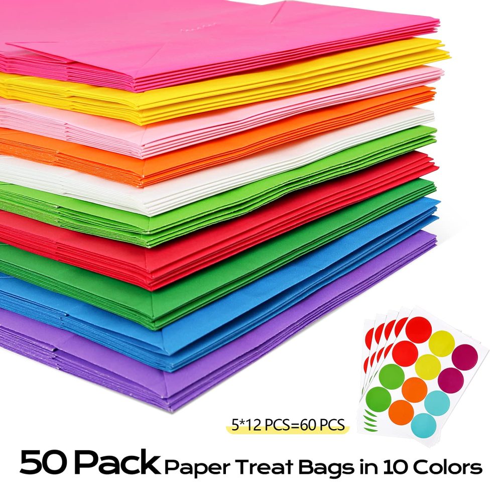 50 PCS Paper Party Bags for Kids, TOOELMON Multi-Color Kraft Paper Gift Bags Candy Goodie Treat Bags with 60 PCS Stickers for Halloween, Christmas, Birthday, Wedding Parties (130 * 80 * 240mm) - Image 4