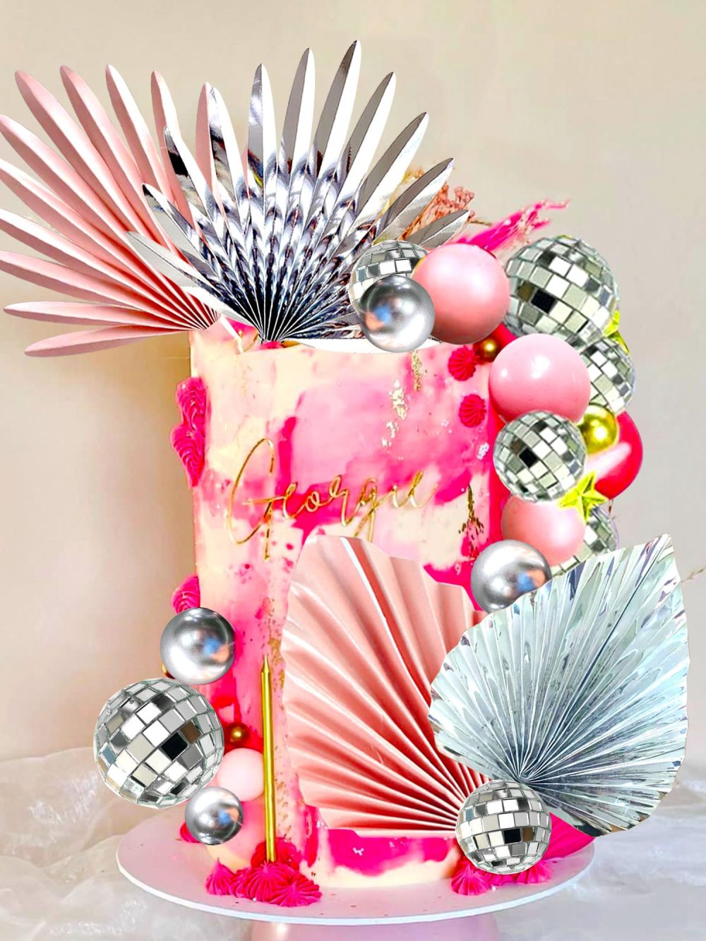 JeVenis Pink Sliver Disco Balls Cake Decoration Silver Palm Leaves Cake Decoration Stars Cake Decoration 70s Party Supplies 70s Birthday Cake Decoration Disco Bachelorette Party Supplies - Image 4