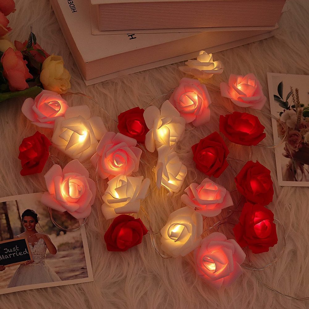 Rose Flower String Lights, 9.8 Ft 20 LED Artificial Rose Garland Fairy Lights Battery Operated Rose light for Valentine's Day Wedding Mother's Day Anniversary Decor Presents for Girls(Red+Pink+White ) - Image 2