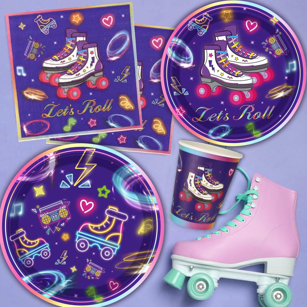 158 Pack Roller Skating Party Supplies Roll Theme Birthday Decoration Roller Skate Birthday Party Tableware Set Let's Roll Birthday Party Packs Serves 20 - Image 4