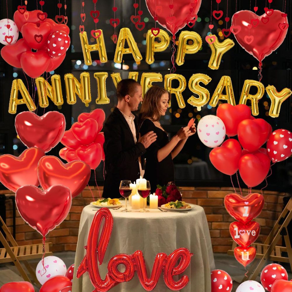Anniversary Decorations Valentines Day Balloons Arch with Happy Anniversary Banner Heart I Love You Balloons Red Felt Heart Hanging String Rose Petals for Valentines Romantic Decorations - Image 7