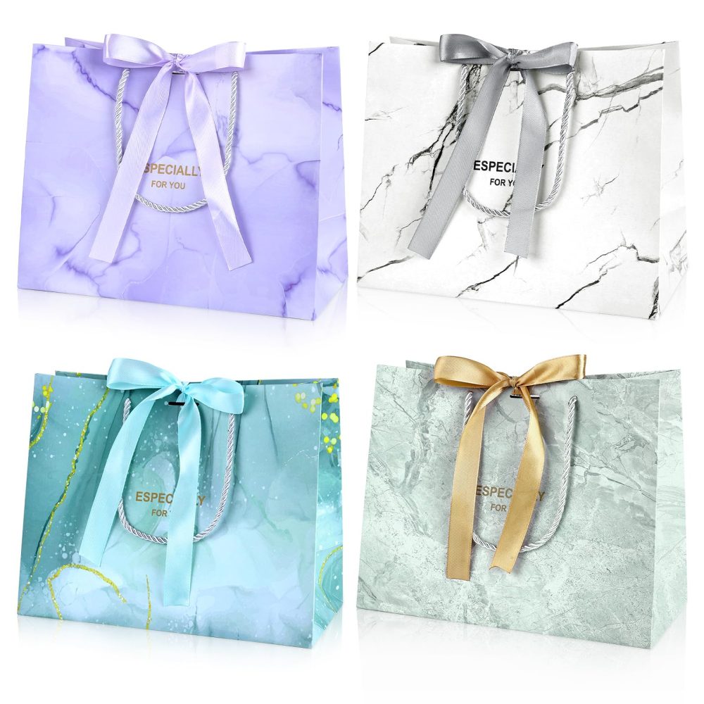 Gift Bags with Bow Ribbon, 4 Pcs Medium Paper Gift Bag, Present Bags with Handles for Women Girls Birthday Bridesmaid Valentines Wedding Party