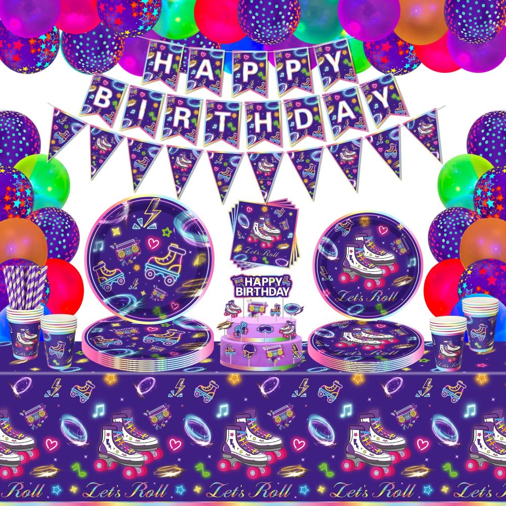 158 Pack Roller Skating Party Supplies Roll Theme Birthday Decoration Roller Skate Birthday Party Tableware Set Let's Roll Birthday Party Packs Serves 20