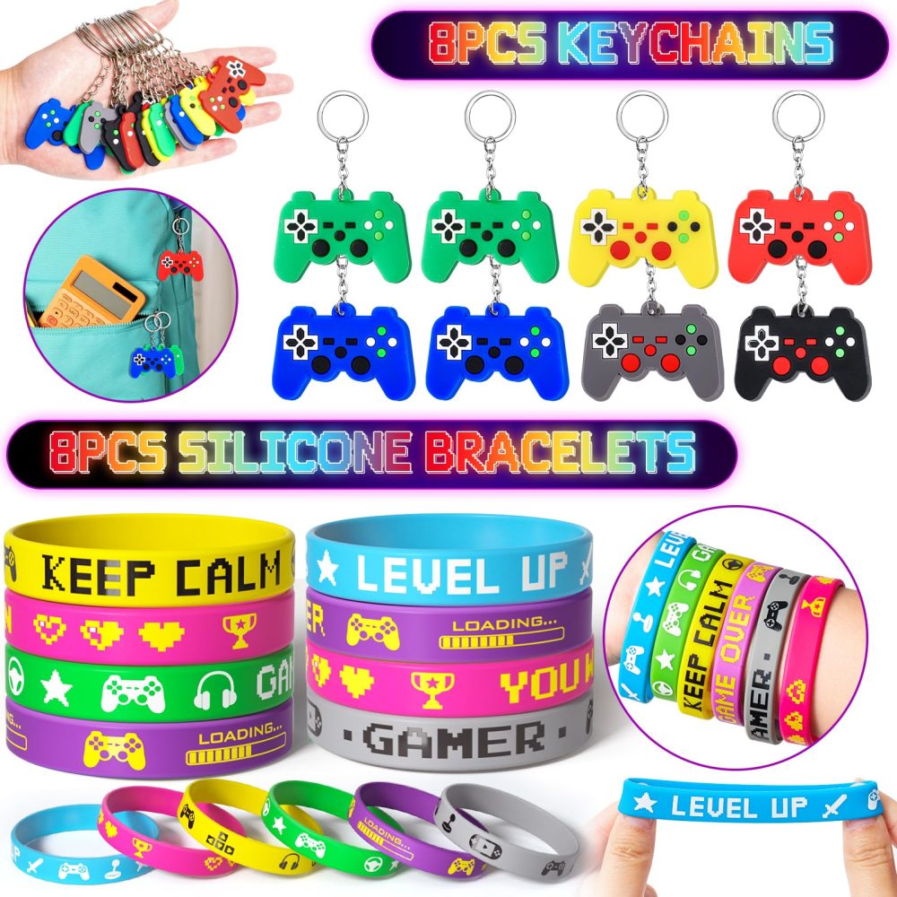 Video Game Party Bag Fillers for Kids Gaming Party Bags Notebooks Invisible Ink Pen Stamp Silicone Bracelet Keychains Luminous Stickers Party Favours Kids Neon Birthday Party Supplies Pinata Boys - Image 4