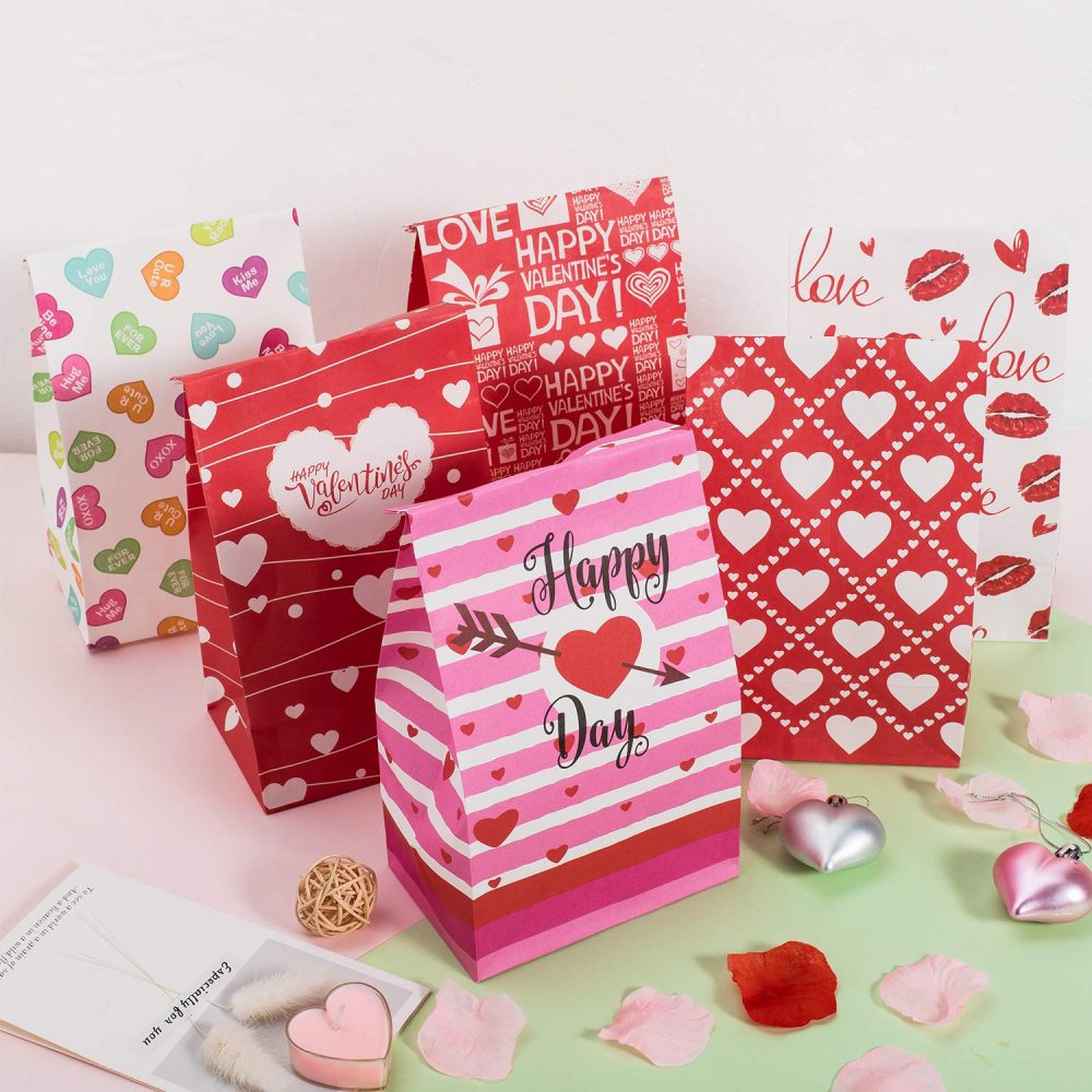Whaline 60 Pack Valentine's Day Paper Gift Bags Heart Love Bags for Valentine Party Favors, Classroom, Galentines Day, Sweetest Day, Goodies and Treats - Image 5