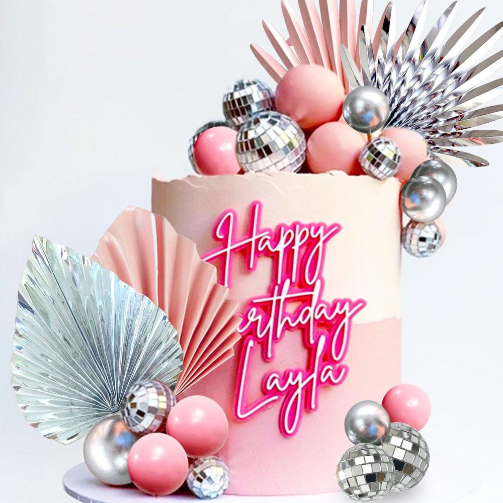 JeVenis Pink Sliver Disco Balls Cake Decoration Silver Palm Leaves Cake Decoration Stars Cake Decoration 70s Party Supplies 70s Birthday Cake Decoration Disco Bachelorette Party Supplies