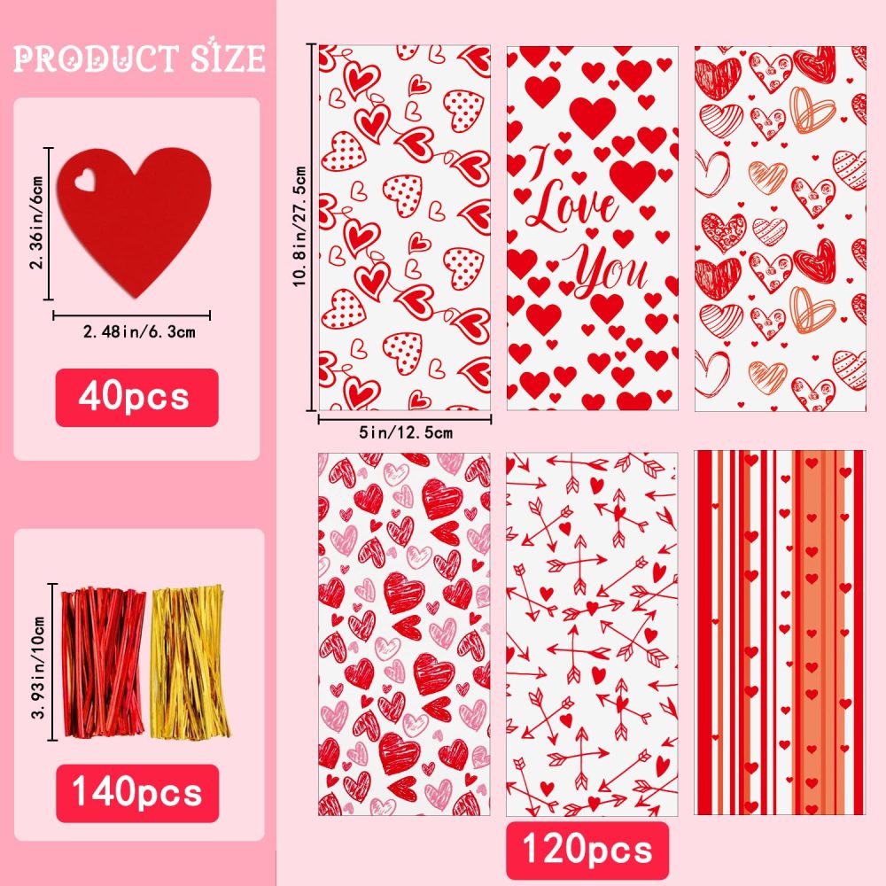 DIYDEC 120pcs Valentines Cellophane Bags, Valentine Red Heart Treat Sweet Candy Cookies Bags with 140 Pieces Twist Ties for Valentine Party Supplies - Image 7