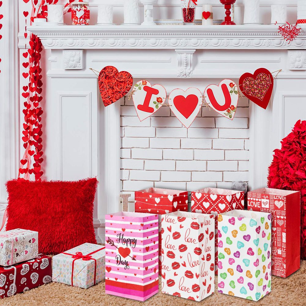 Whaline 60 Pack Valentine's Day Paper Gift Bags Heart Love Bags for Valentine Party Favors, Classroom, Galentines Day, Sweetest Day, Goodies and Treats - Image 2