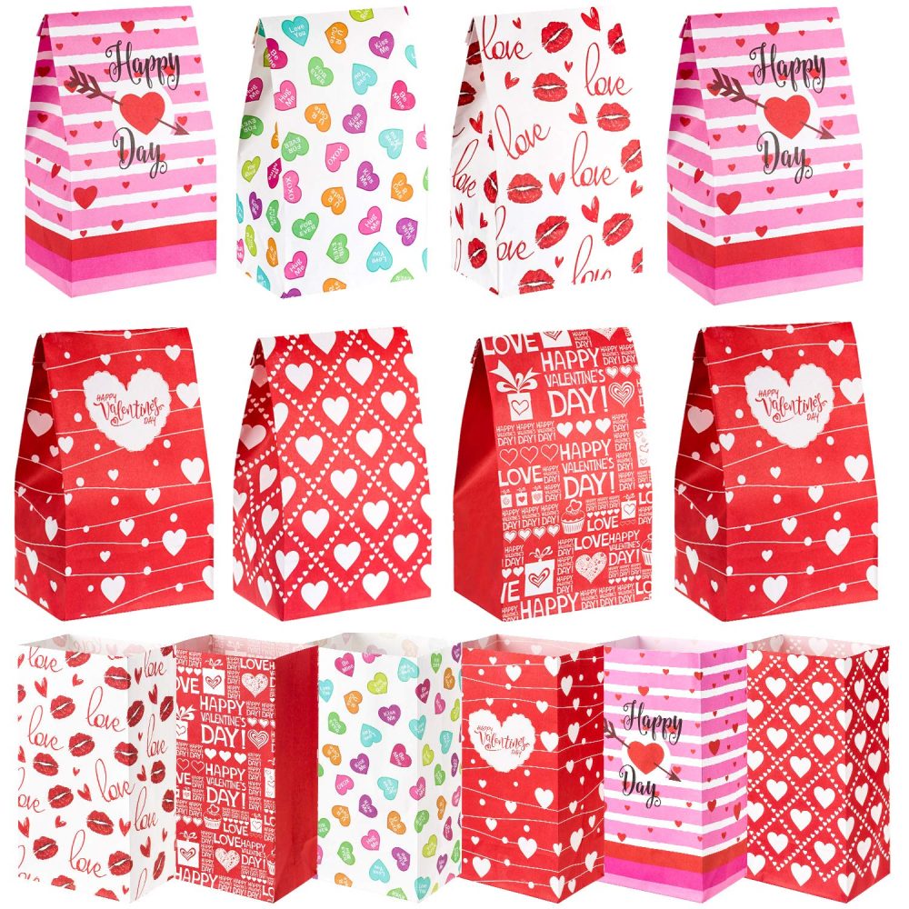 Whaline 60 Pack Valentine's Day Paper Gift Bags Heart Love Bags for Valentine Party Favors, Classroom, Galentines Day, Sweetest Day, Goodies and Treats