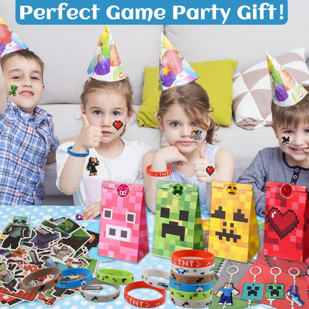 ARIEL-GXR 100pcs Gaming Party Bag Fillers, Gamer Party Favours, Party Bag Filler Set with Party Bags Gaming Keychain Silicone Bracelet Button Pins, Goodie Bag Fillers for Kids Boys - Image 2