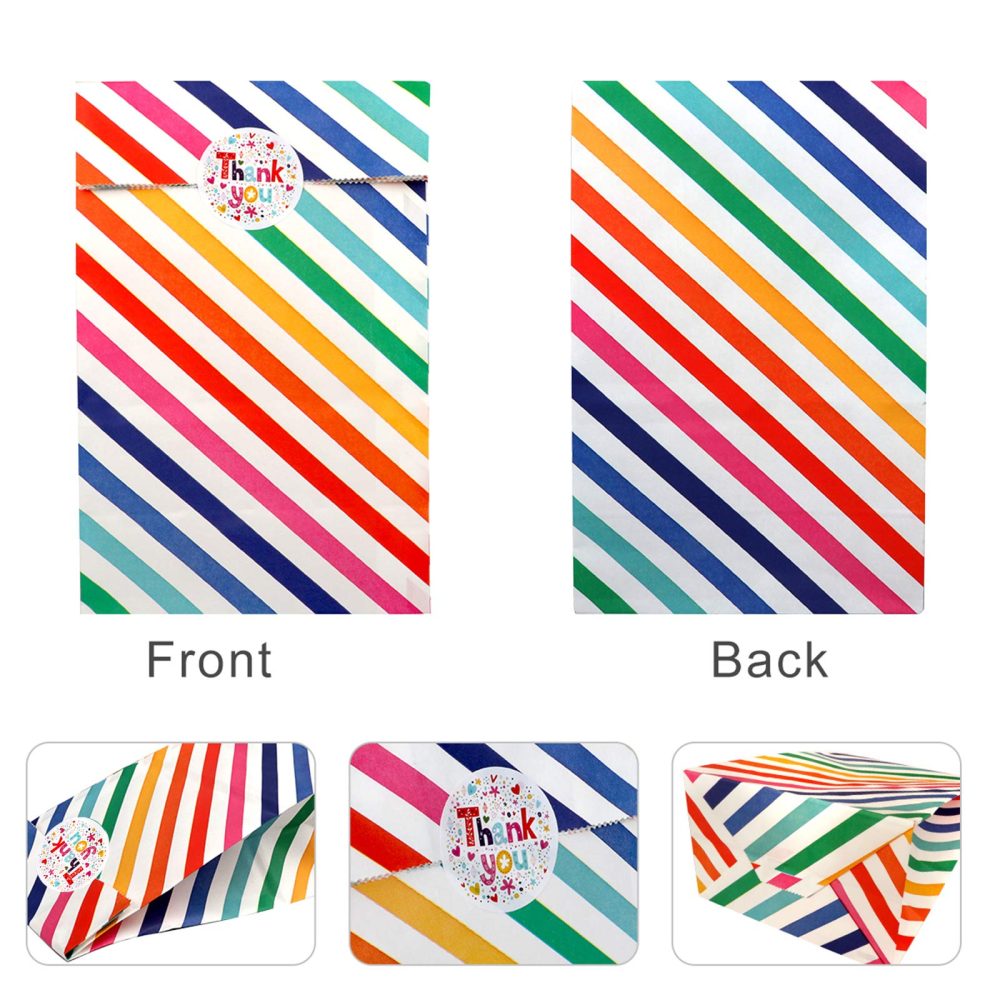 20PCS Kraft Paper Party Bags, AUERVO Rainbow Dots and Stripe Party Favor Bags Birthday Bags Gift Treat Bags With Thank You Stickers for Baby Shower Wedding Valentines' Day - Image 6