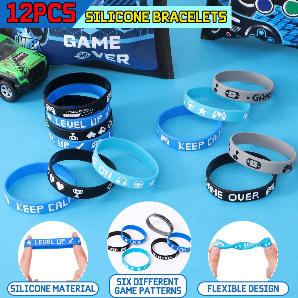 Gaming Party Bag Fillers Video Game Party Favours Black Party Bags Keychain Luminous Tattoo Sticker Silicone Bracelet Stamps Gamer Birthday Party Supplies Pinata Goodie Bag Fillers for Kids Boys - Image 4