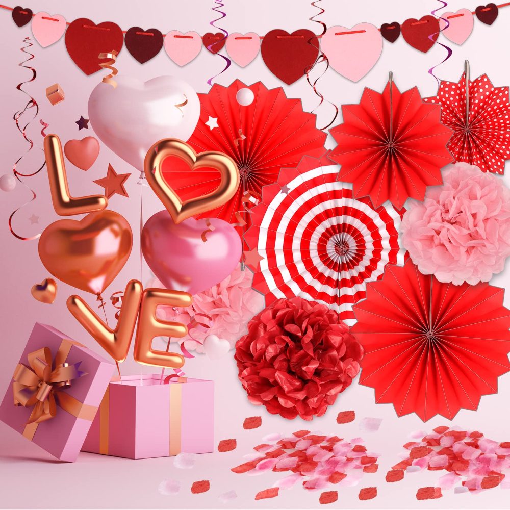 23PCS Red Valentines Day Party Decorations Kit with Red Paper Fans Hanging Heart Swirls Banners Simulated Petals and a Love Card for Valentine Day - Image 2