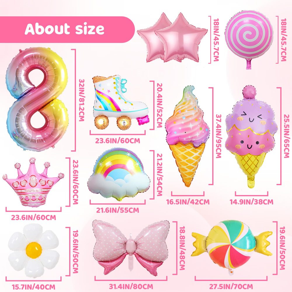 8th Birthday Decorations for Girls - 12 Pieces Inflatable Ice Cream Candy Bow Flower Star Roller Skate Balloons, Large Number 8 Foil Balloon, Colorful 8 Year Old Birthday Party Supplies - Image 6
