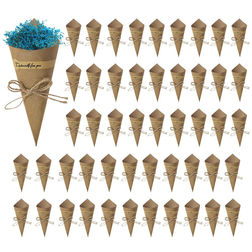 SacJkt Wedding Confetti Cones, Vintage Kraft Paper Cones Flower Holder with Hemp Ropes Stickers, 50 PCS DIY Cone Papers for Wedding Party (15 x 15cm)