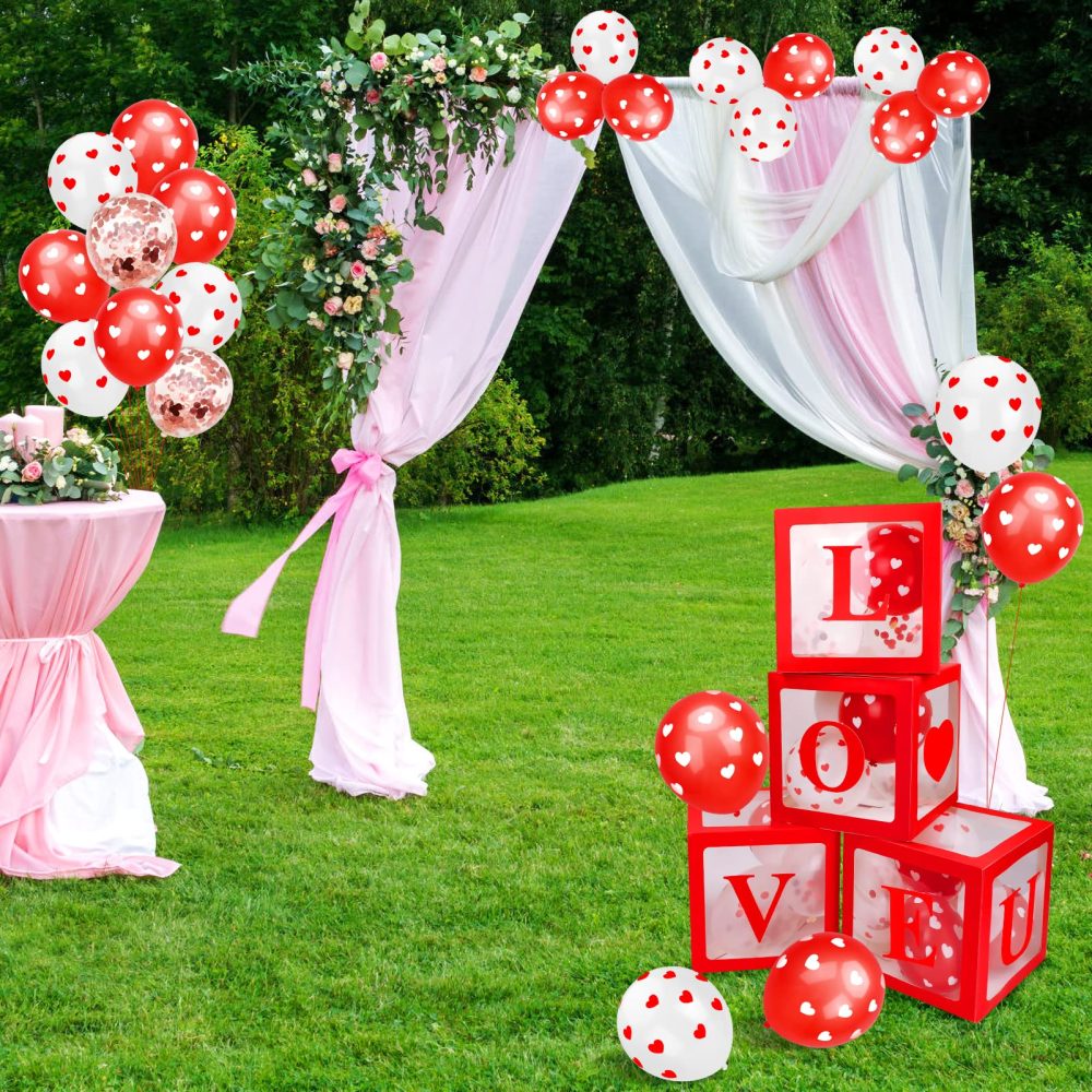 Qpout Valentine’s Day Balloon Boxes Party Decorations, 4 Pcs Red Valentine's Party Transparent Balloon Boxes with 32 Red Balloons & Letters LOVE & 2m String Light for Wedding Decorations Baby Shower - Image 3