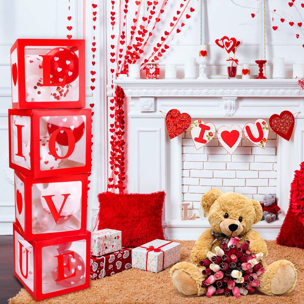Qpout Valentine’s Day Balloon Boxes Party Decorations, 4 Pcs Red Valentine's Party Transparent Balloon Boxes with 32 Red Balloons & Letters LOVE & 2m String Light for Wedding Decorations Baby Shower - Image 5