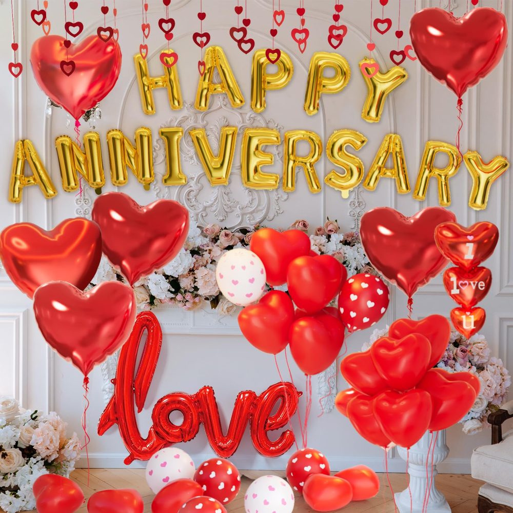 Anniversary Decorations Valentines Day Balloons Arch with Happy Anniversary Banner Heart I Love You Balloons Red Felt Heart Hanging String Rose Petals for Valentines Romantic Decorations - Image 6