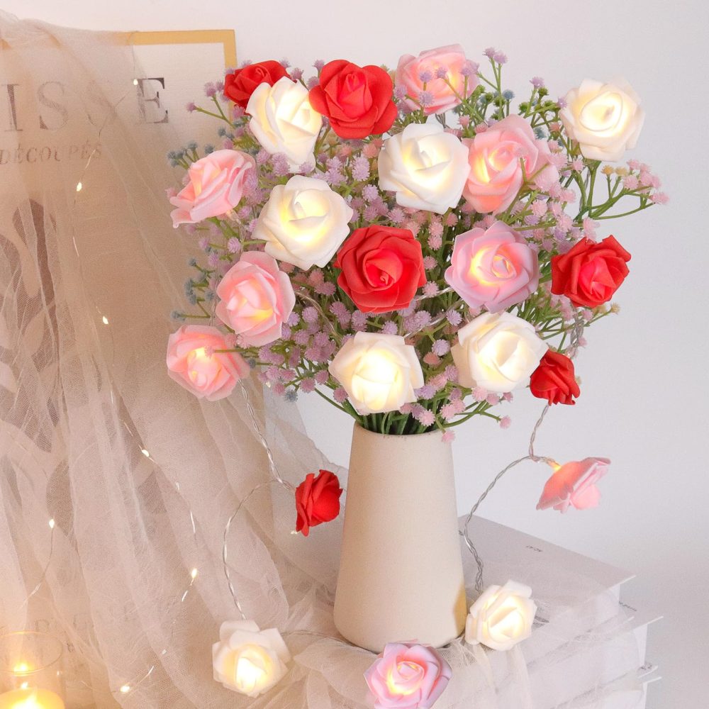 Rose Flower String Lights, 9.8 Ft 20 LED Artificial Rose Garland Fairy Lights Battery Operated Rose light for Valentine's Day Wedding Mother's Day Anniversary Decor Presents for Girls(Red+Pink+White ) - Image 6