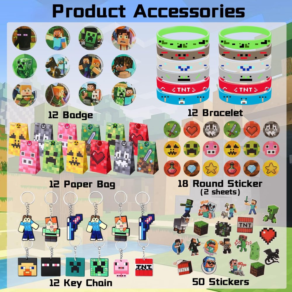 ARIEL-GXR 100pcs Gaming Party Bag Fillers, Gamer Party Favours, Party Bag Filler Set with Party Bags Gaming Keychain Silicone Bracelet Button Pins, Goodie Bag Fillers for Kids Boys - Image 7