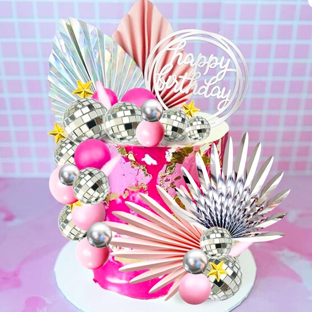 JeVenis Pink Sliver Disco Balls Cake Decoration Silver Palm Leaves Cake Decoration Stars Cake Decoration 70s Party Supplies 70s Birthday Cake Decoration Disco Bachelorette Party Supplies - Image 3