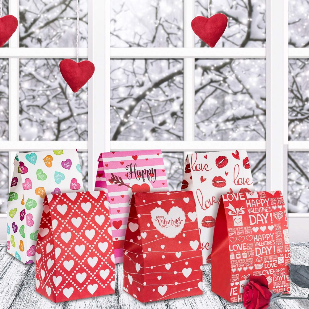 Whaline 60 Pack Valentine's Day Paper Gift Bags Heart Love Bags for Valentine Party Favors, Classroom, Galentines Day, Sweetest Day, Goodies and Treats - Image 3