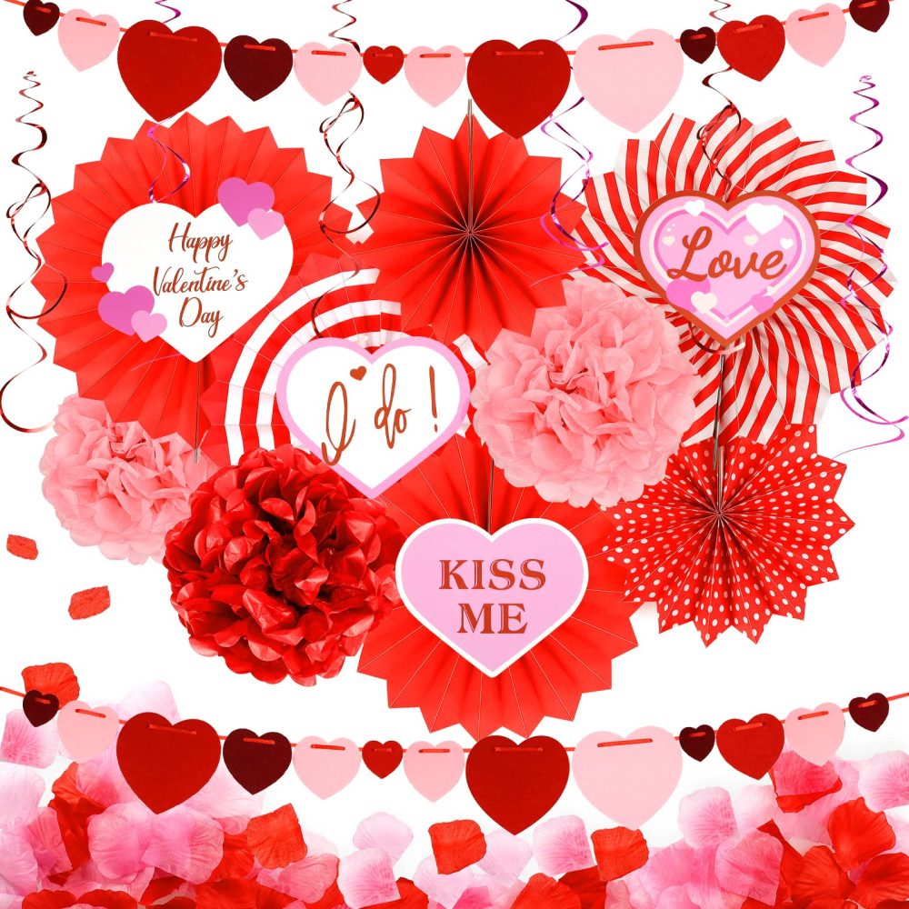 23PCS Red Valentines Day Party Decorations Kit with Red Paper Fans Hanging Heart Swirls Banners Simulated Petals and a Love Card for Valentine Day