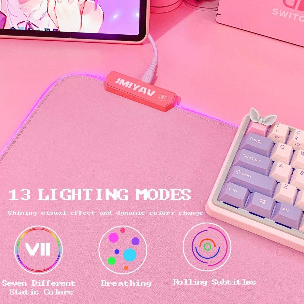 JMIYAV Pink RGB Gaming Mouse Pad PC XL Large Extended Glowing Led Light Up Desk Pad Mouse Mat Non-Slip Rubber Base Computer Big Cute Mousepad Mat Optimized for Gamer 80 * 30cm - Image 5