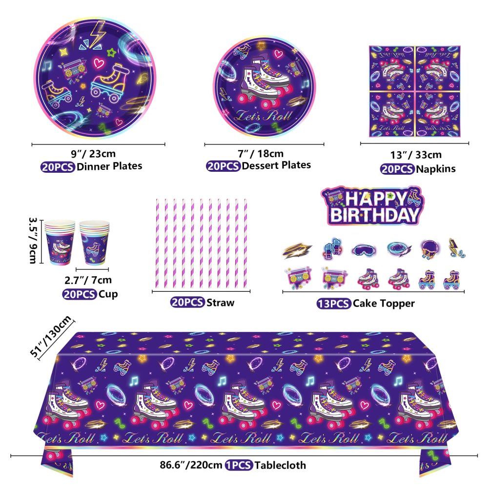 158 Pack Roller Skating Party Supplies Roll Theme Birthday Decoration Roller Skate Birthday Party Tableware Set Let's Roll Birthday Party Packs Serves 20 - Image 5
