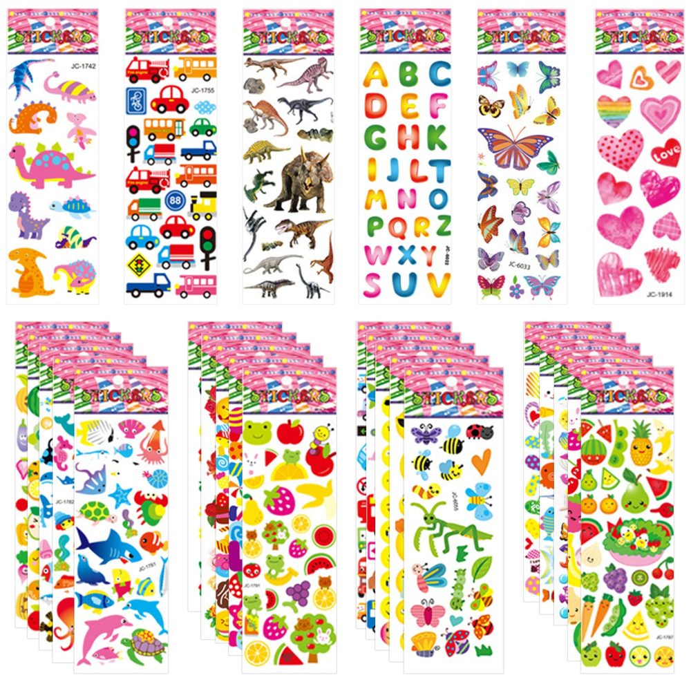 Jsdoin 50 Sheets Puffy Stickers for Kids, 1000+ Children 3D Stickers Party Bag Filler for Party Rewarding Gifts Scrapbooking Including Animals Letter Fish Dinosaurs Numbers Fruits Trucks Airplane