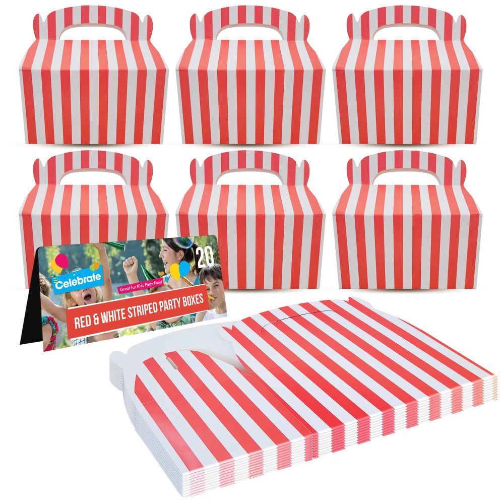 20pk Red & White Striped Birthday Party Boxes for Kids Party Food | Cardboard Lunch Boxes for Kids Party Food Boxes Party | Party Food Boxes for Kids Party Boxes | Party Lunch Boxes | Kids Party Box