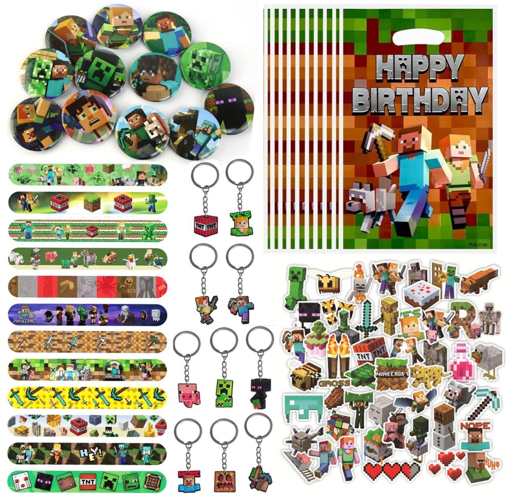 LGUZAKO 94pcs Party Favors, Party Bag Fillers for Kids 12 Wristbands 50 Stickers 10 Keychains 10 Gift Bags Party Fvours for Birthday Christmas Crackers