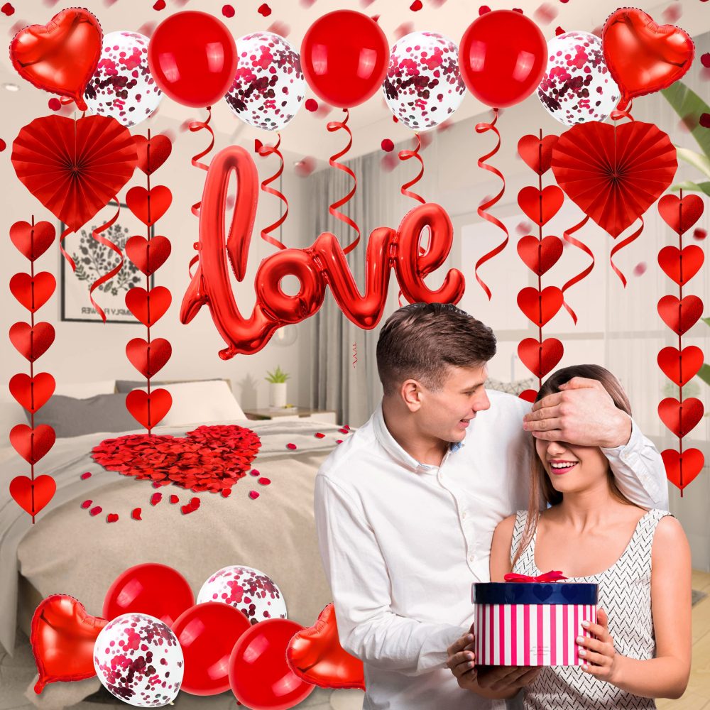 obqo Valentines Day Party Decoration Kits, 36 Inch Love Foil Balloon, Red Heart Balloons, Heart Paper Fans, Red Heart Garland with 500 PCS Rose Petals Wedding Anniversary Valentines Balloons Decor - Image 6