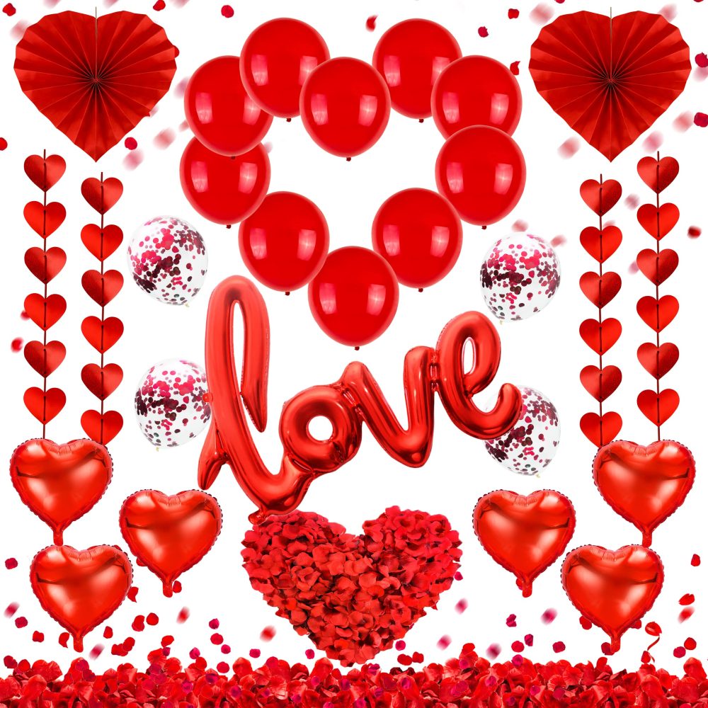 obqo Valentines Day Party Decoration Kits, 36 Inch Love Foil Balloon, Red Heart Balloons, Heart Paper Fans, Red Heart Garland with 500 PCS Rose Petals Wedding Anniversary Valentines Balloons Decor