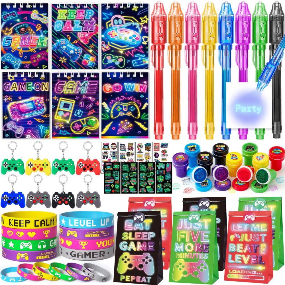 Video Game Party Bag Fillers for Kids Gaming Party Bags Notebooks Invisible Ink Pen Stamp Silicone Bracelet Keychains Luminous Stickers Party Favours Kids Neon Birthday Party Supplies Pinata Boys