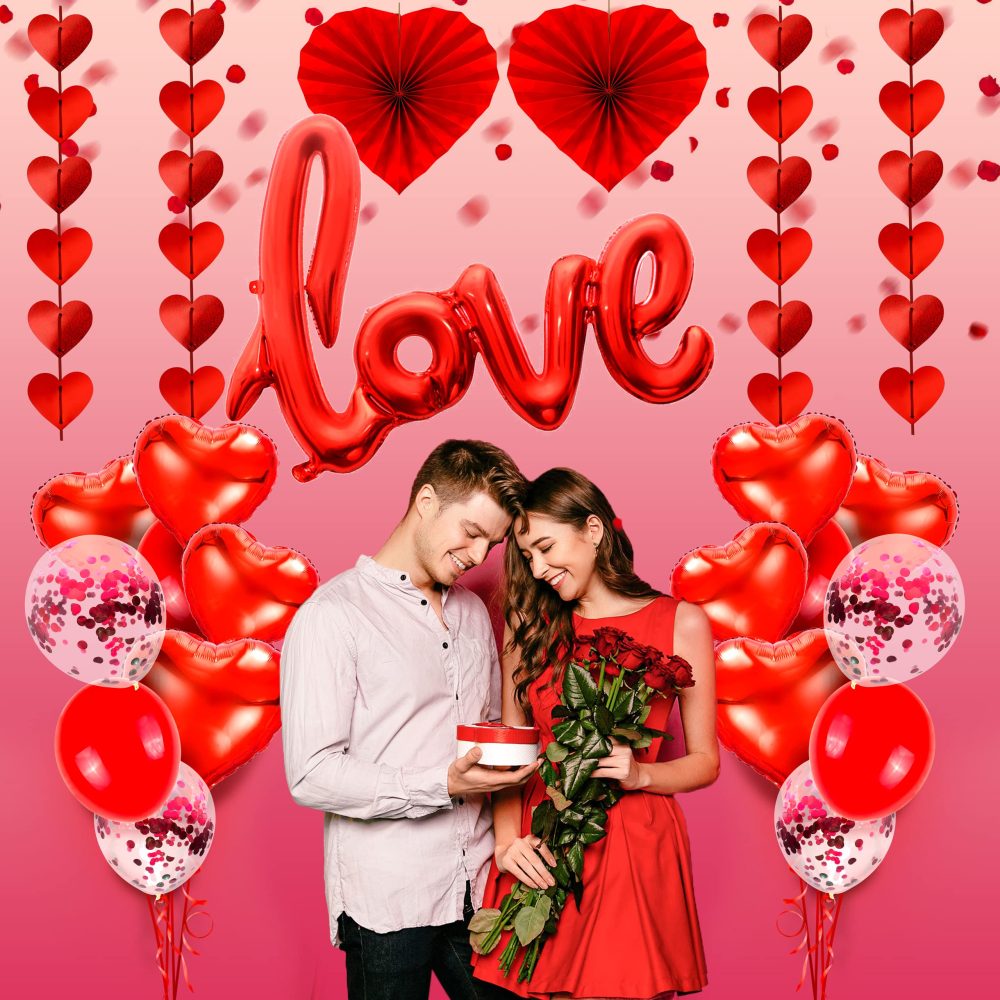 obqo Valentines Day Party Decoration Kits, 36 Inch Love Foil Balloon, Red Heart Balloons, Heart Paper Fans, Red Heart Garland with 500 PCS Rose Petals Wedding Anniversary Valentines Balloons Decor - Image 3